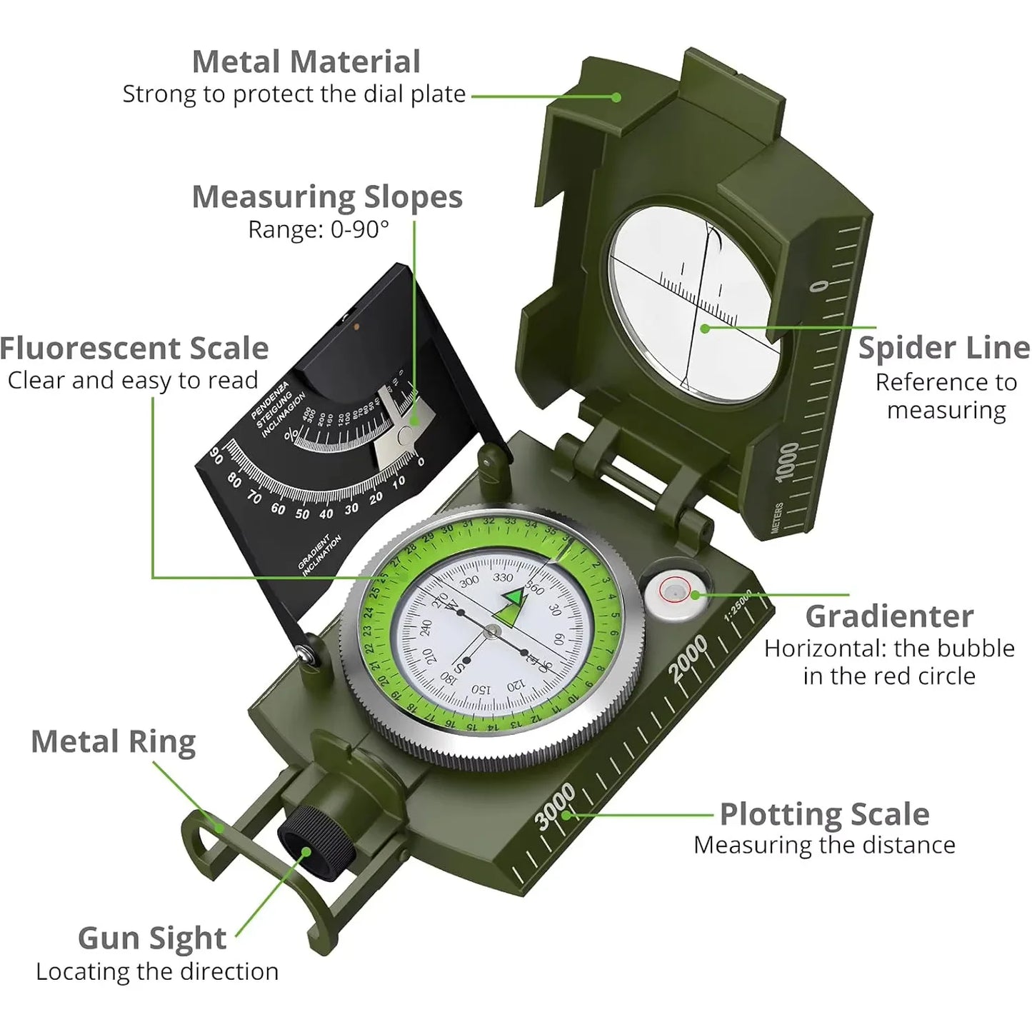 Lensatic Compass Metal Waterproof IP65 Carry Bag Camping