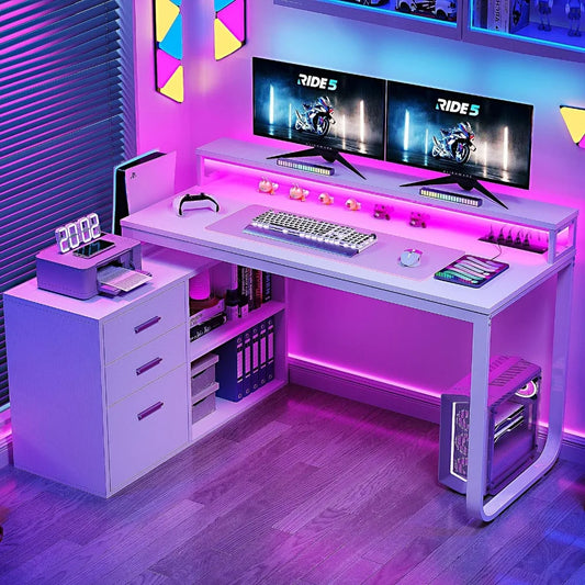 Hign Concerned L Shaped Gaming Desk With File Drawers