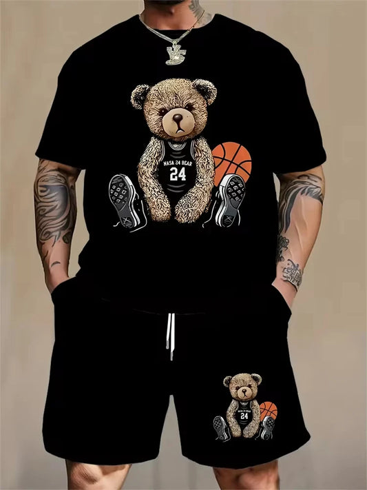Mens Summer Casual Bear Print T Shirt And Shorts Set