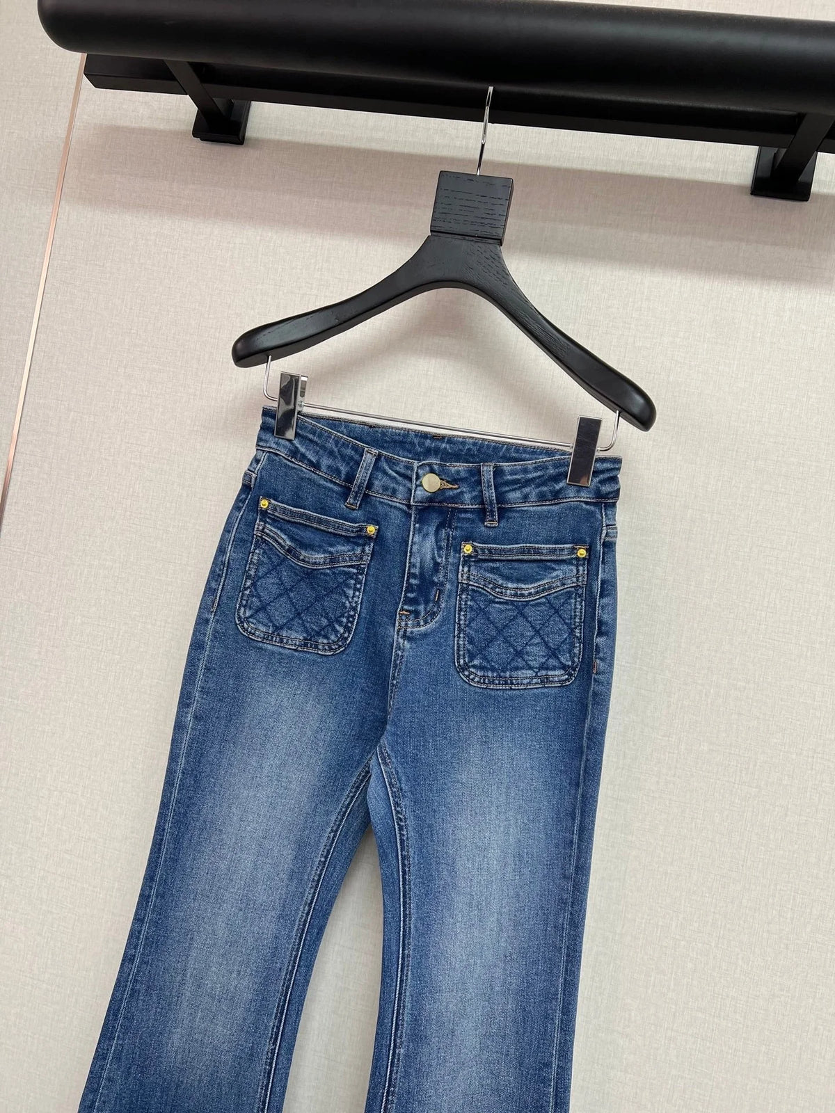 2026 Women Jeans Flare Silhouette Washed Cotton Denim Fabric Quilted Patch Pockets Metal Rivet Details