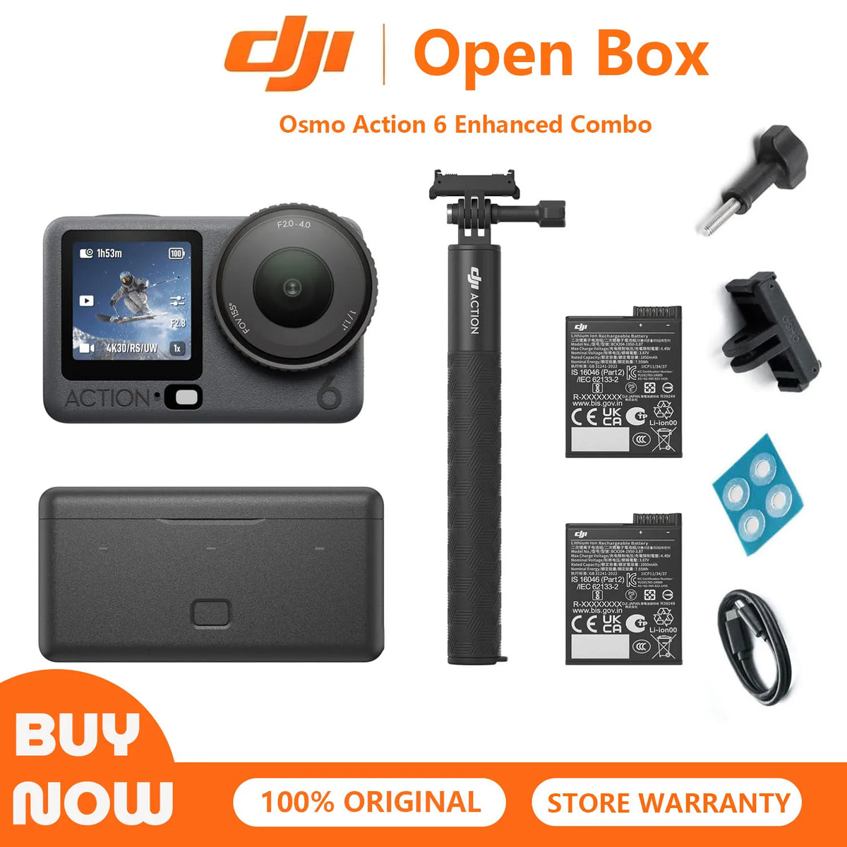 Open Box DJI Osmo Action 6 Enhanced Combo,8K Action Camera with 2 Batteries, 1 Battery Case1/1.1" Square Sensor, Variable Aperture f/2.0–f/4.0, Extended Battery Life, 1.5m Extension Rod