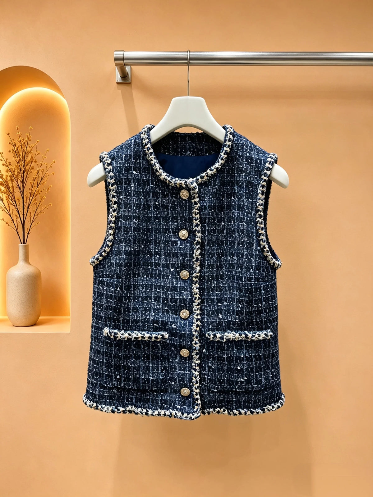 2026 Women Tweed Vest Round Neck Color‑Blend Fabric Knitted Fringe Trim Embossed Metal Buttons Pockets Outerwear