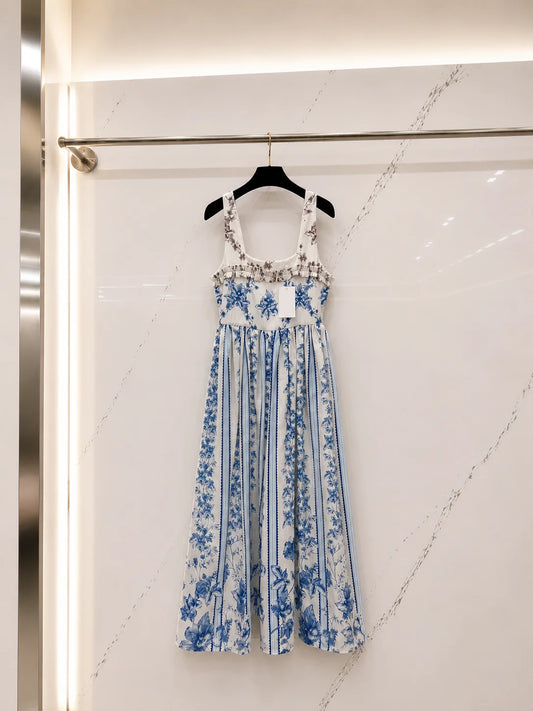 2026 Women Dress Sleeveless Square Neck Midi Dress Frilled Bust Trim Mixed Floral And Vertical Stripe Printed Skirt