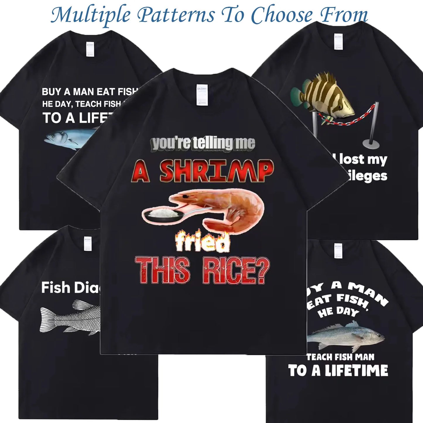 New 100% Cotton Oversized Tees Meme T Shirt Unisex Man Eat Fish Day Teach Fish Man To Lifetime Funny Casual Cotton T-shirt Men