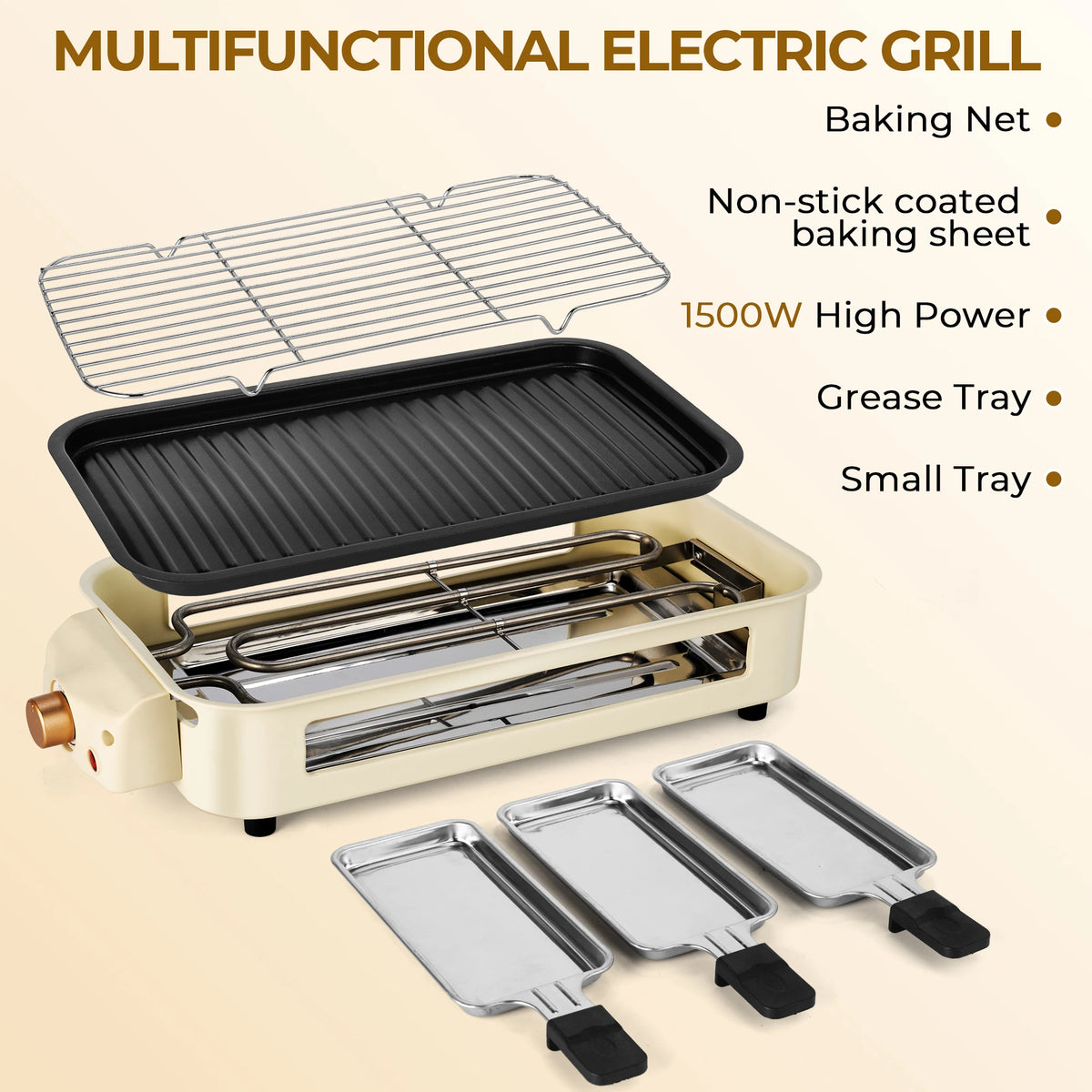1500W 2-in-1 Electric Grill Pan Non-Stick Smokeless BBQ Grill with Removable Plate for Home Kitchen