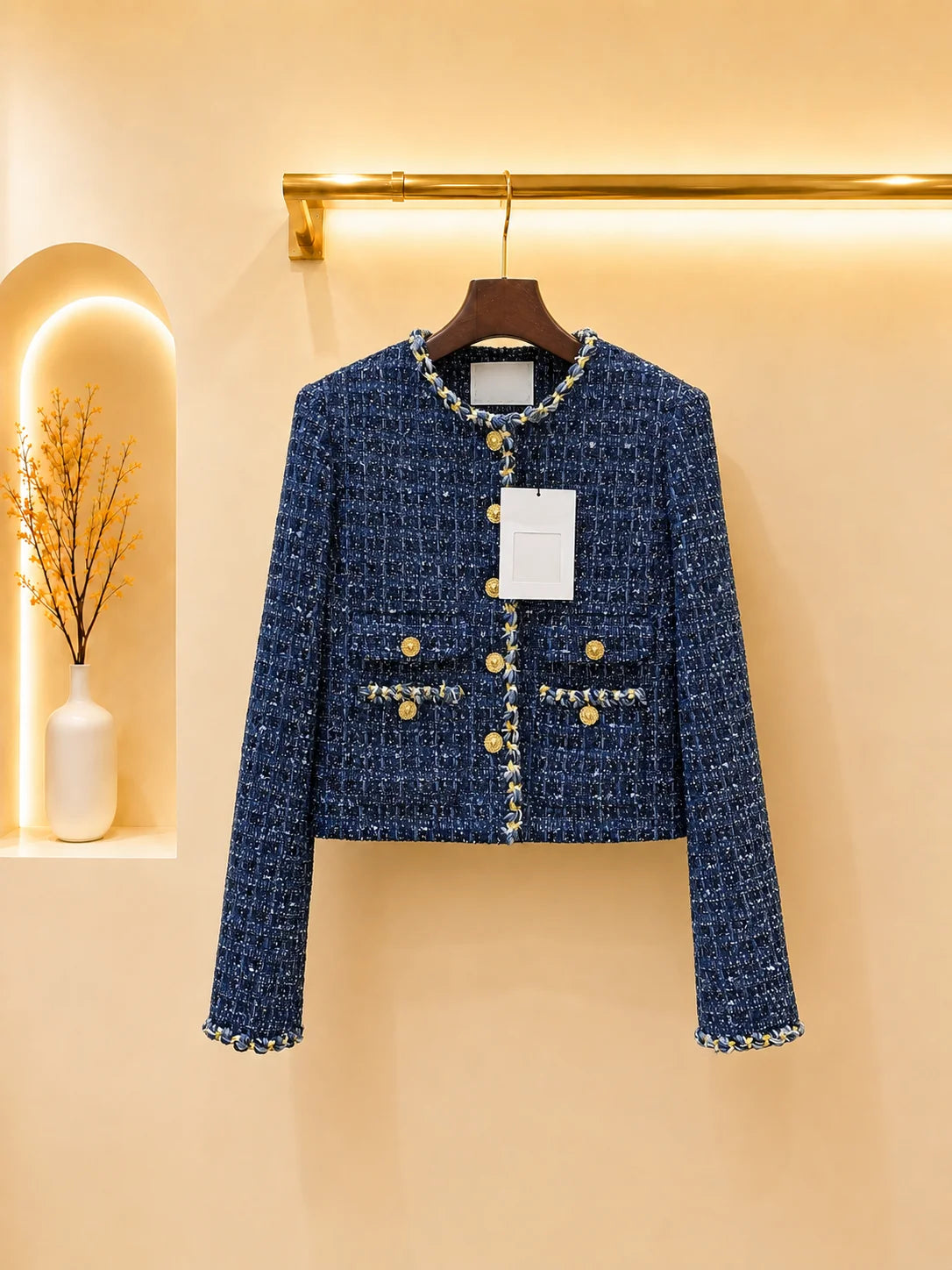 2026 Women Tweed Jacket Cropped Round Neck Long Sleeve Hem Metal Chain Braided Trim Gold Relief Buttons