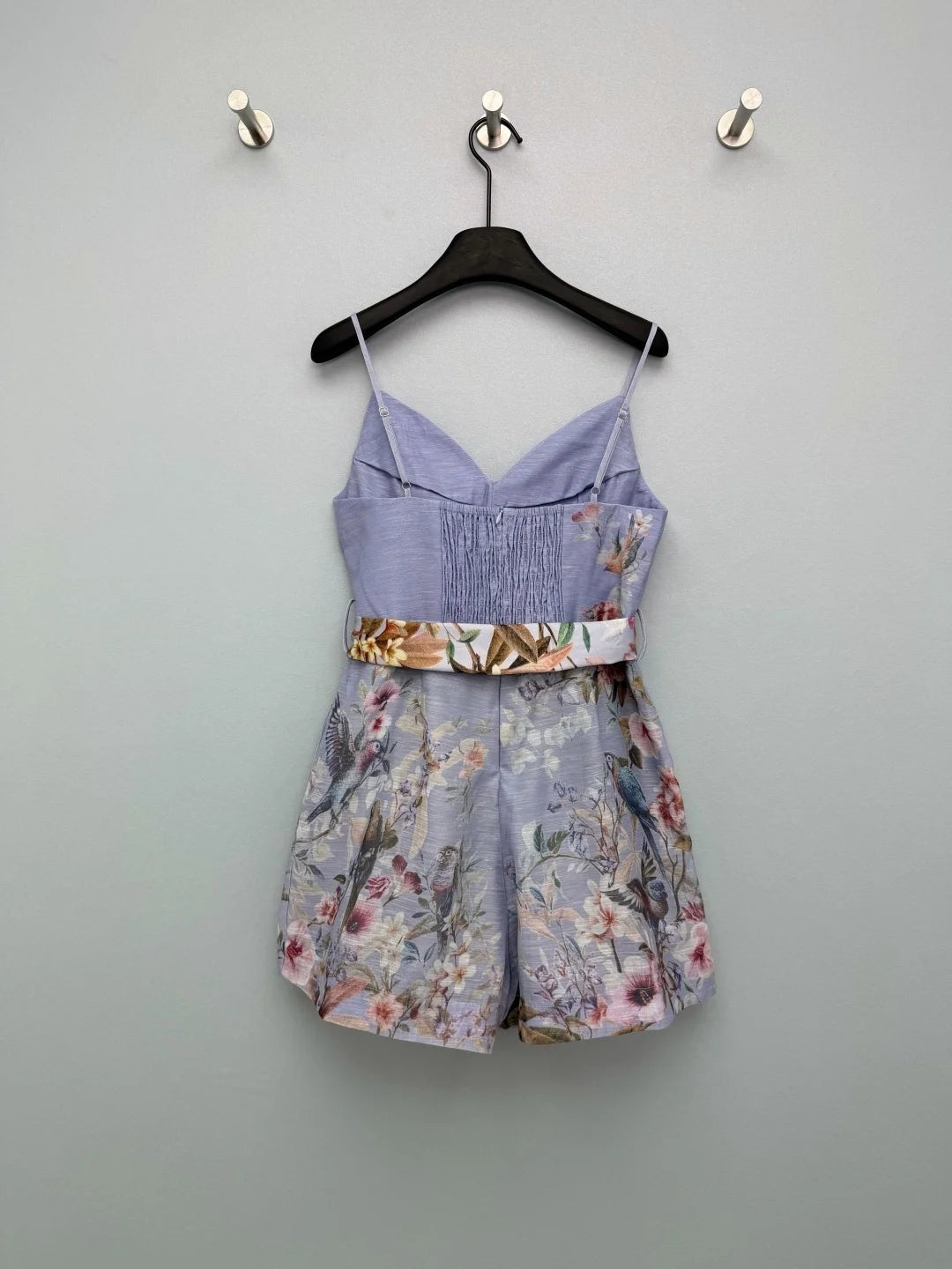 Women Summer Romper Floral Bird Print Spaghetti Strap Bow Tie