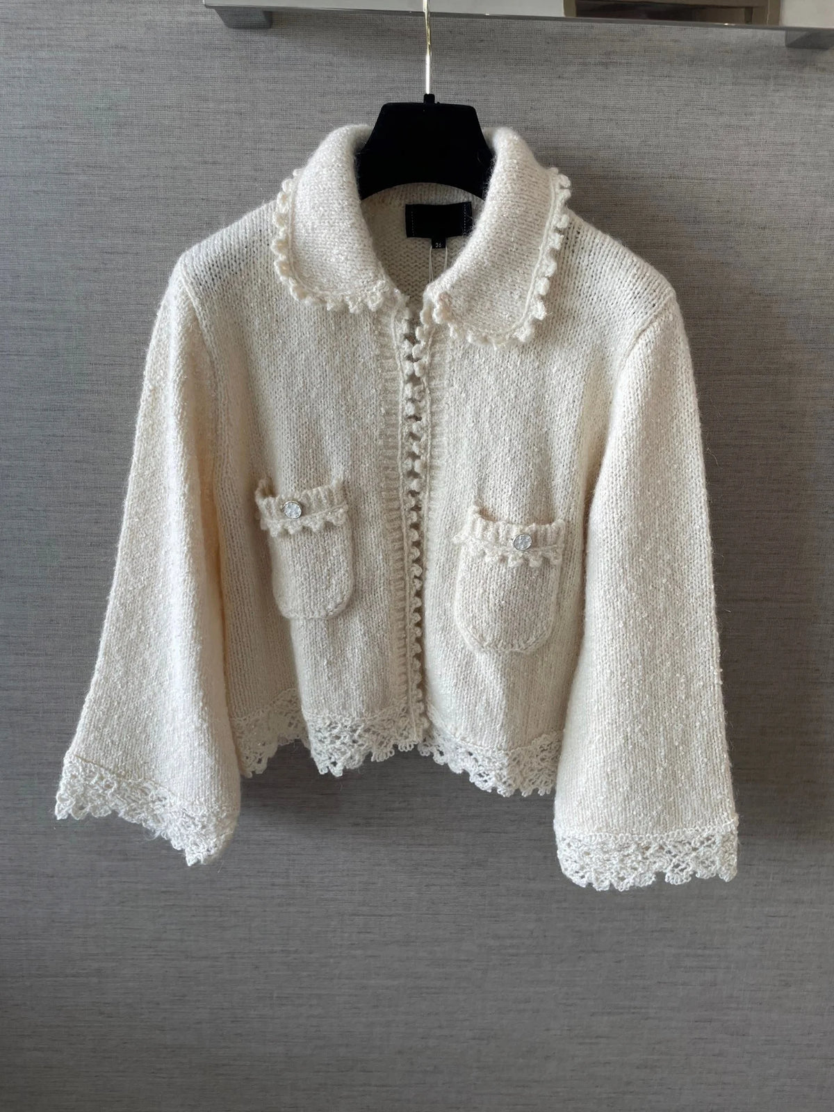 Women's Cropped Knit Cardigan With Lace Trim And Patch Pockets