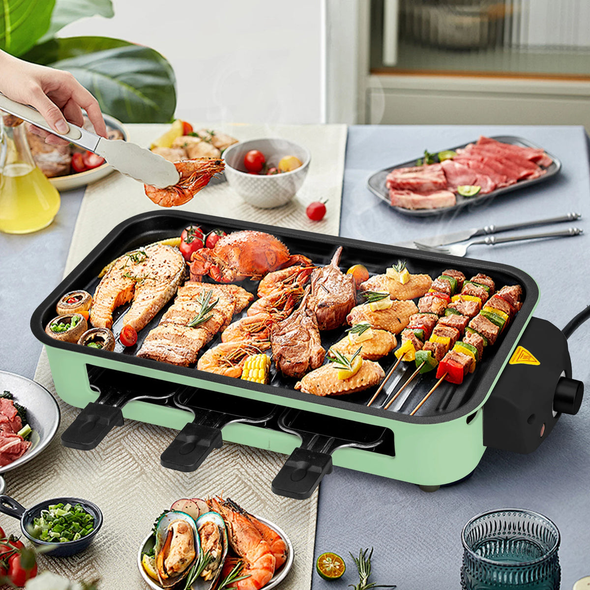 1500W 2-in-1 Electric Grill Pan Non-Stick Smokeless BBQ Grill with Removable Plate for Home Kitchen