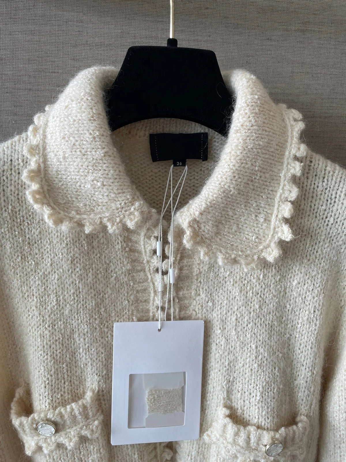 Women's Cropped Knit Cardigan With Lace Trim And Patch Pockets