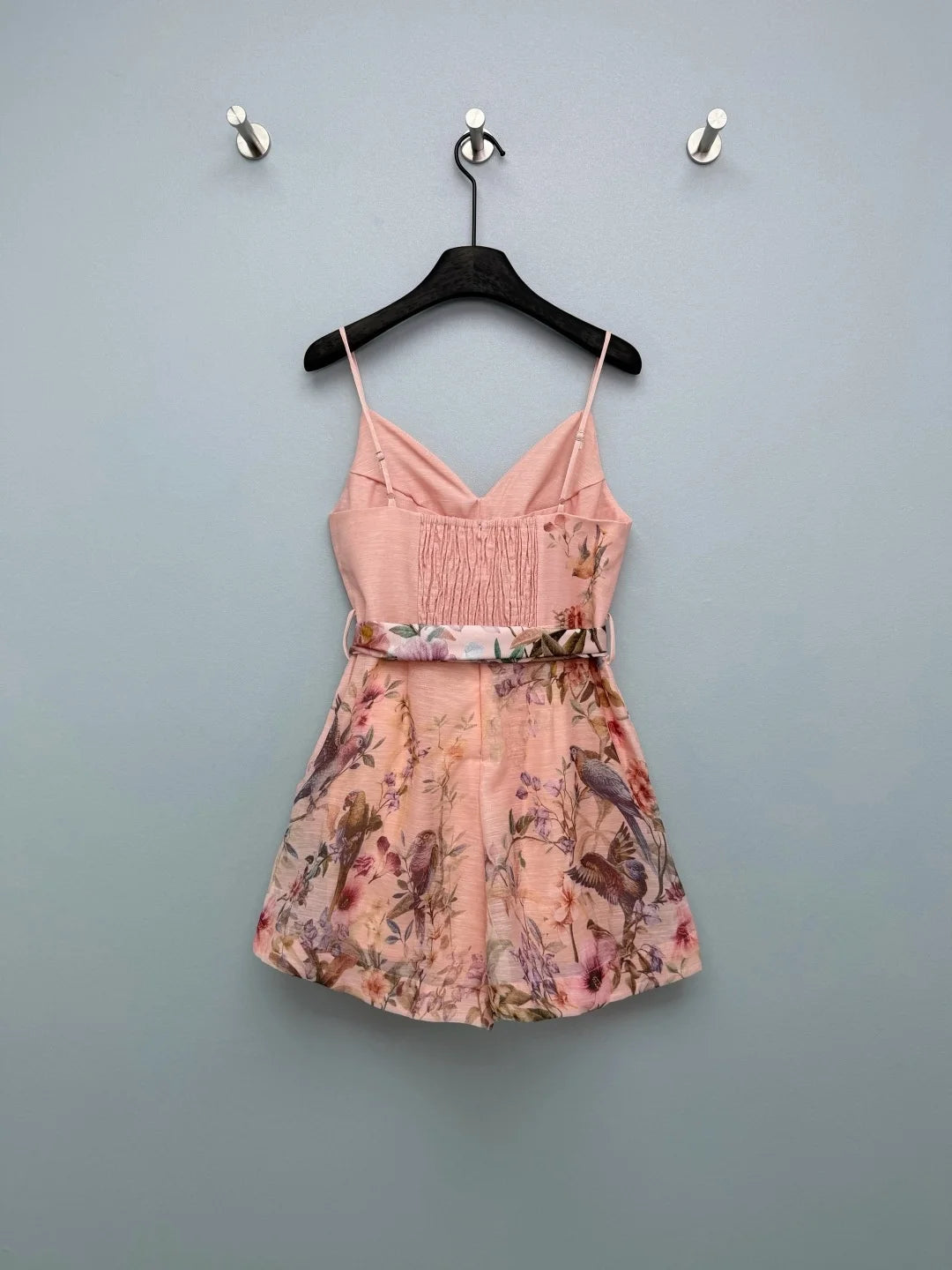 Women Summer Romper Floral Bird Print Spaghetti Strap Bow Tie