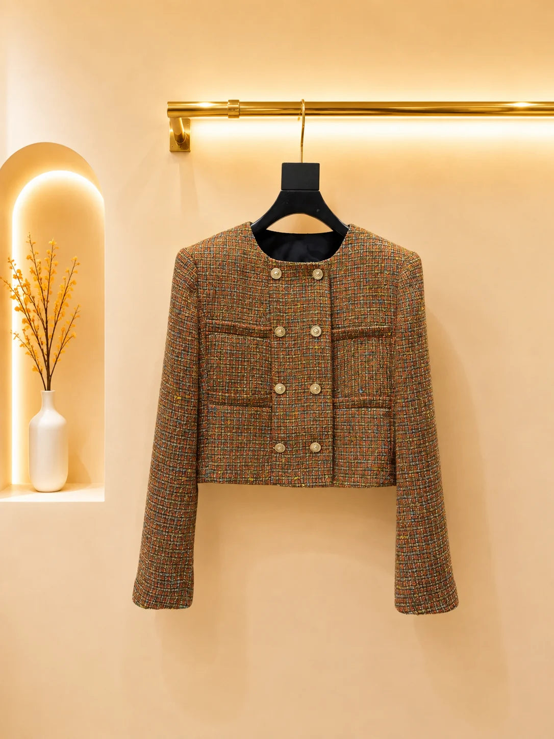 2026 Women Tweed Jacket Round Neck Sequin Woven Fabric Stereo Embossed Buttons 3D Stereo Tailoring Cropped Outerwear