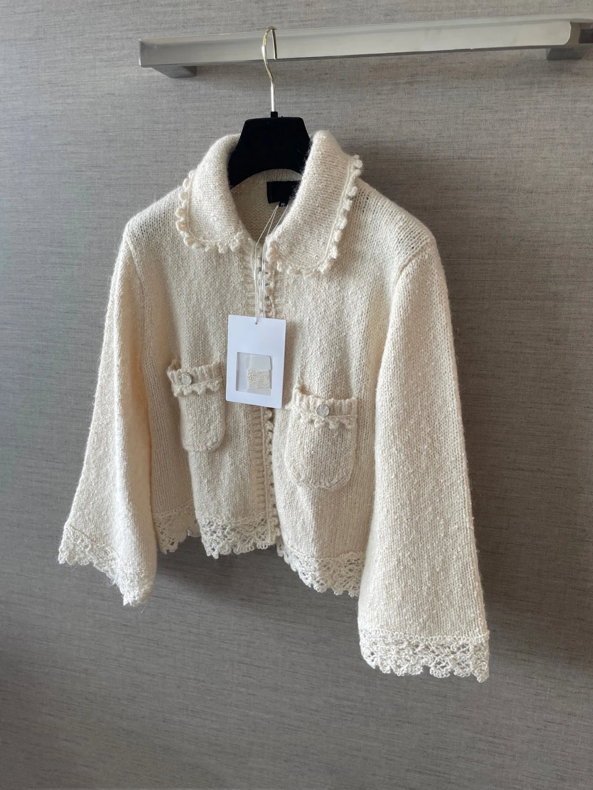Women's Cropped Knit Cardigan With Lace Trim And Patch Pockets