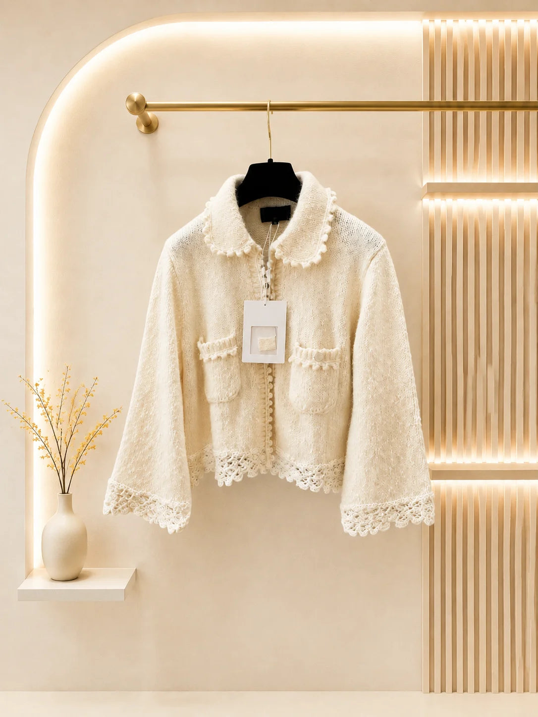 Women's Cropped Knit Cardigan With Lace Trim And Patch Pockets