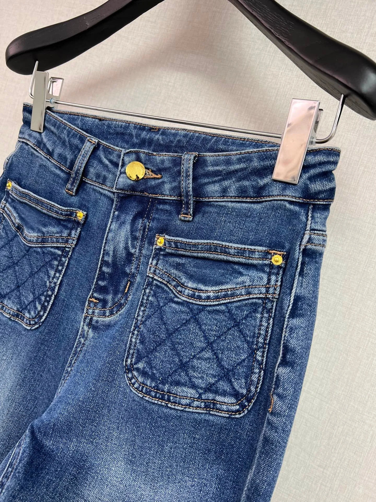 2026 Women Jeans Flare Silhouette Washed Cotton Denim Fabric Quilted Patch Pockets Metal Rivet Details