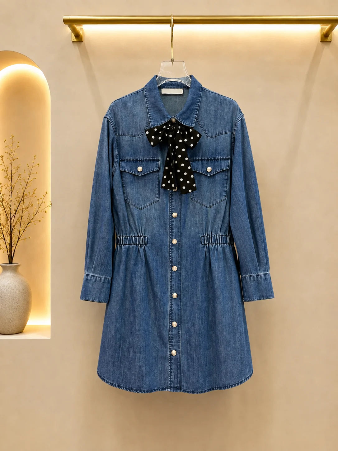 2026 Women Dress Polka Dot Bow Accent Long Sleeve Denim Dress Soft Washed Fabric Leisure Mini Dresses