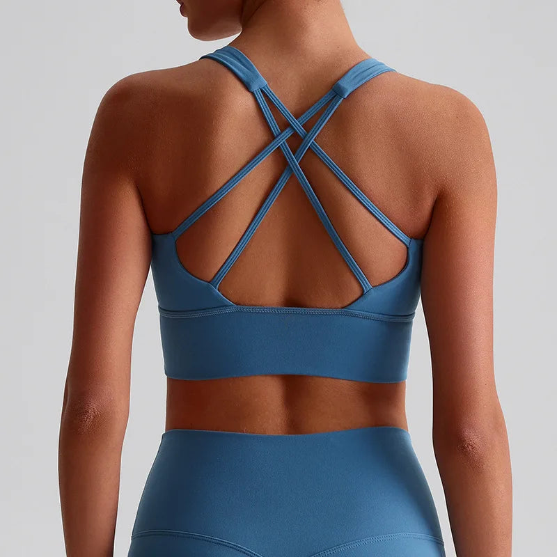 Solid Color Women Fitness Bra Tights Sports Tank Top Cross Back Gym Clothe Underwear Yoga Vest High impact shockproof Chest Pad