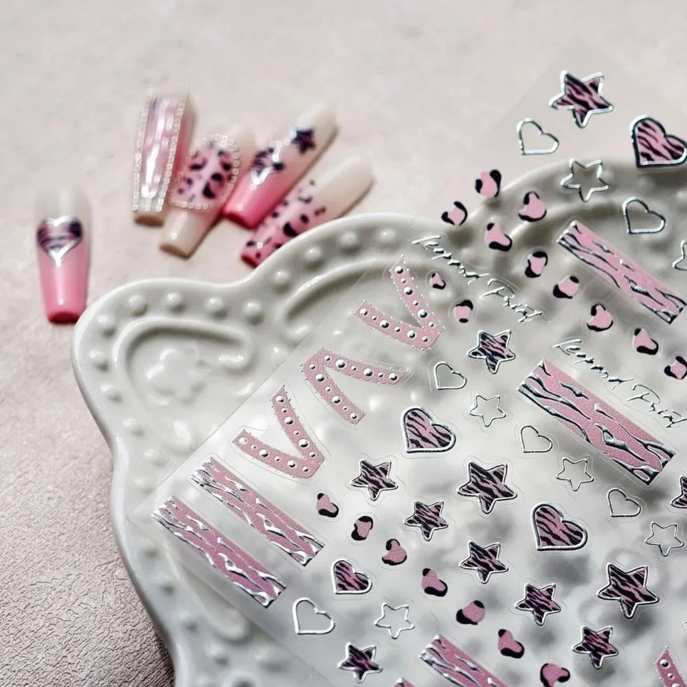 Pink Girl Lace Bow Nail Sticker 3D Relief Sweet Cool Checkered Nail Art Stickers Laser Silver Star Love Heart Manicure Decals
