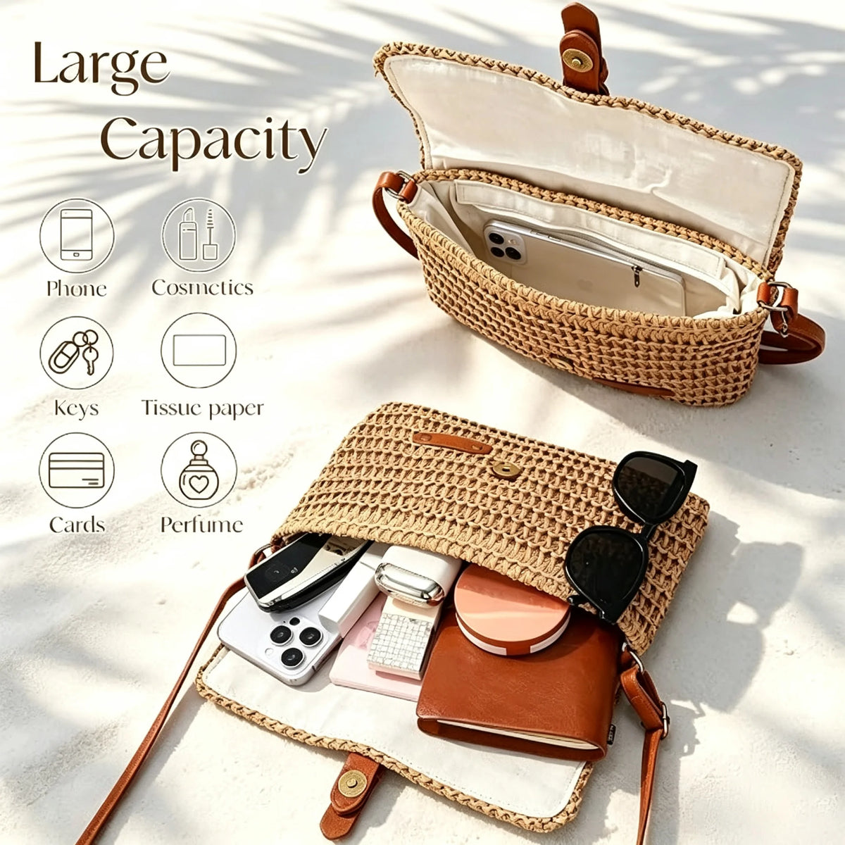 Womens Woven Straw Crossbody Bag With Flap Buckle PU Strap