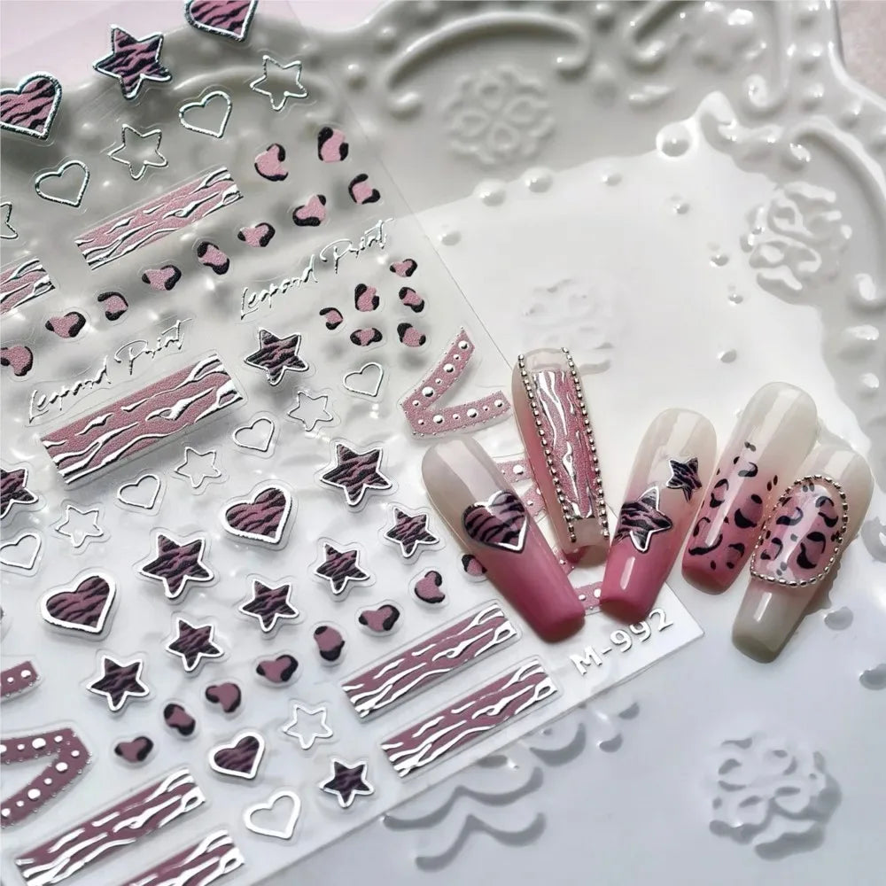 Pink Girl Lace Bow Nail Sticker 3D Relief Sweet Cool Checkered Nail Art Stickers Laser Silver Star Love Heart Manicure Decals