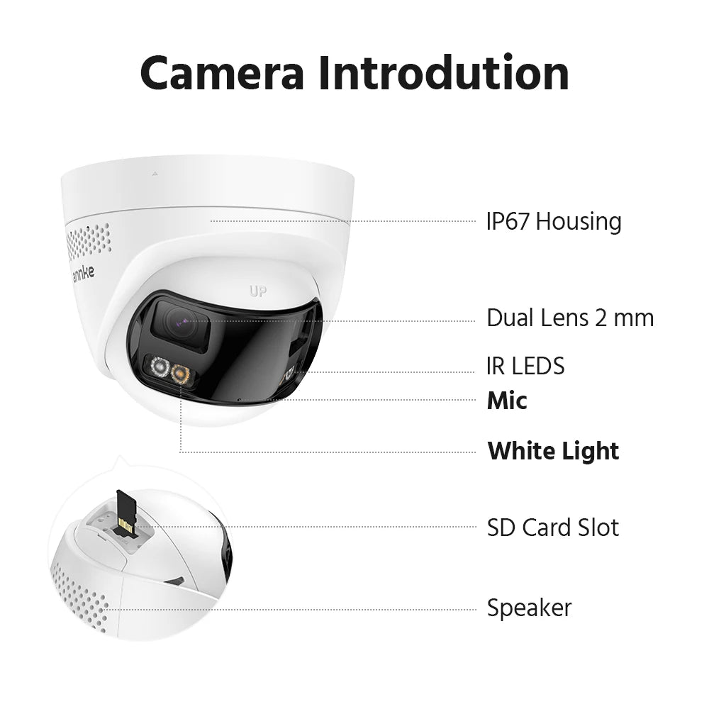 ANNKE 6MP Dual-Lens Security Camera 180° Panorama Turret Camera Color Night Vision Human/Vehicle IP67 ONVIF Security CCTV Camera
