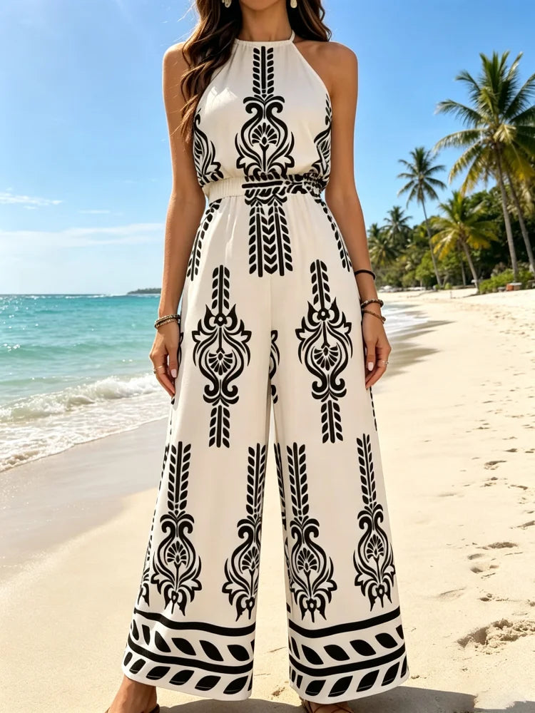 Womens Bohemian Polyester Jumpsuit Ethnic Print Loose Fit
