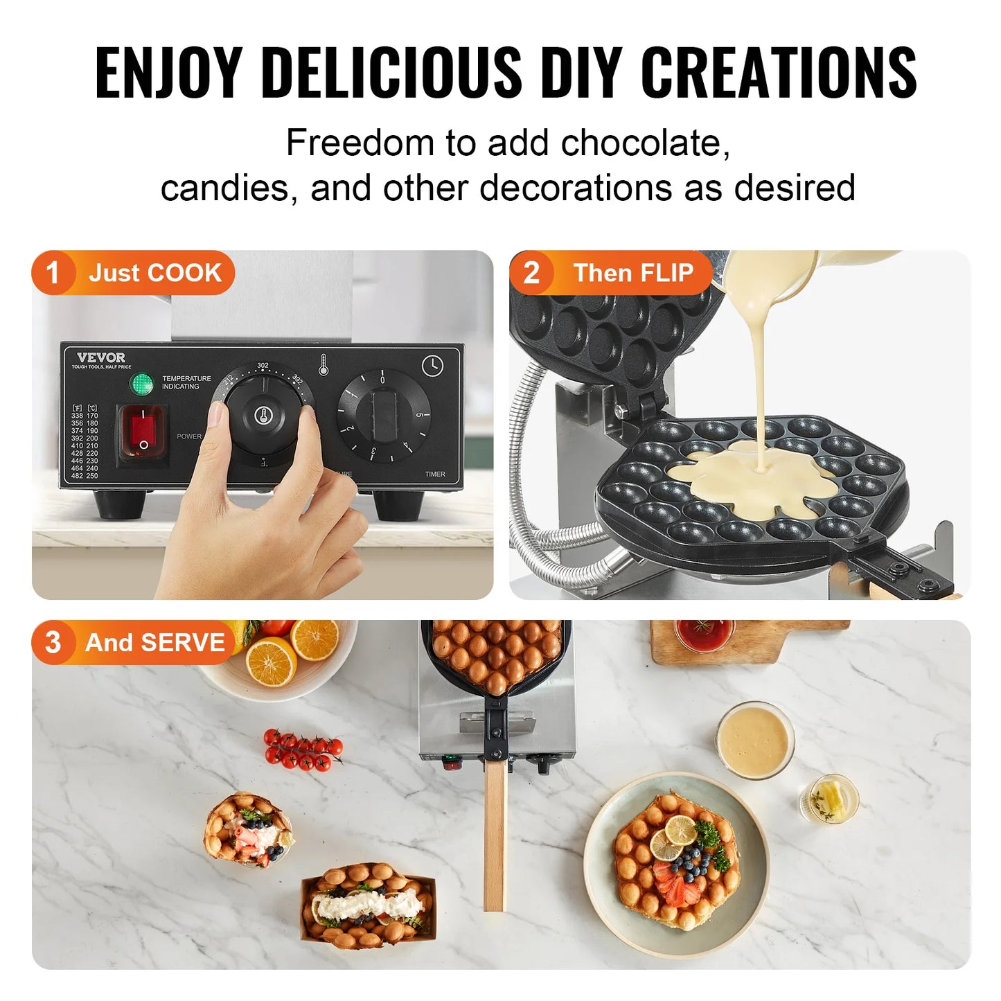 VEVOR Commercial Egg Bubble Waffle Maker 1400W Stainless Steel