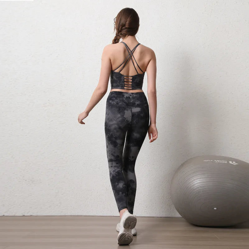 Women's High-Waist Seamless Yoga Set Leggings With Tie-Dye Bra