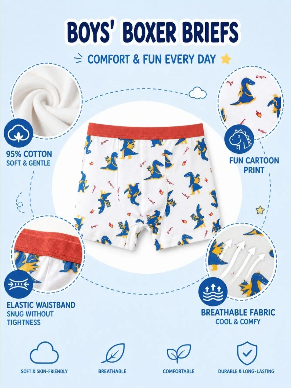 ZEKSAF Boys Cotton Underwear 20 Pack Soft and Breathable Kids Boxer Briefs Size 4-13