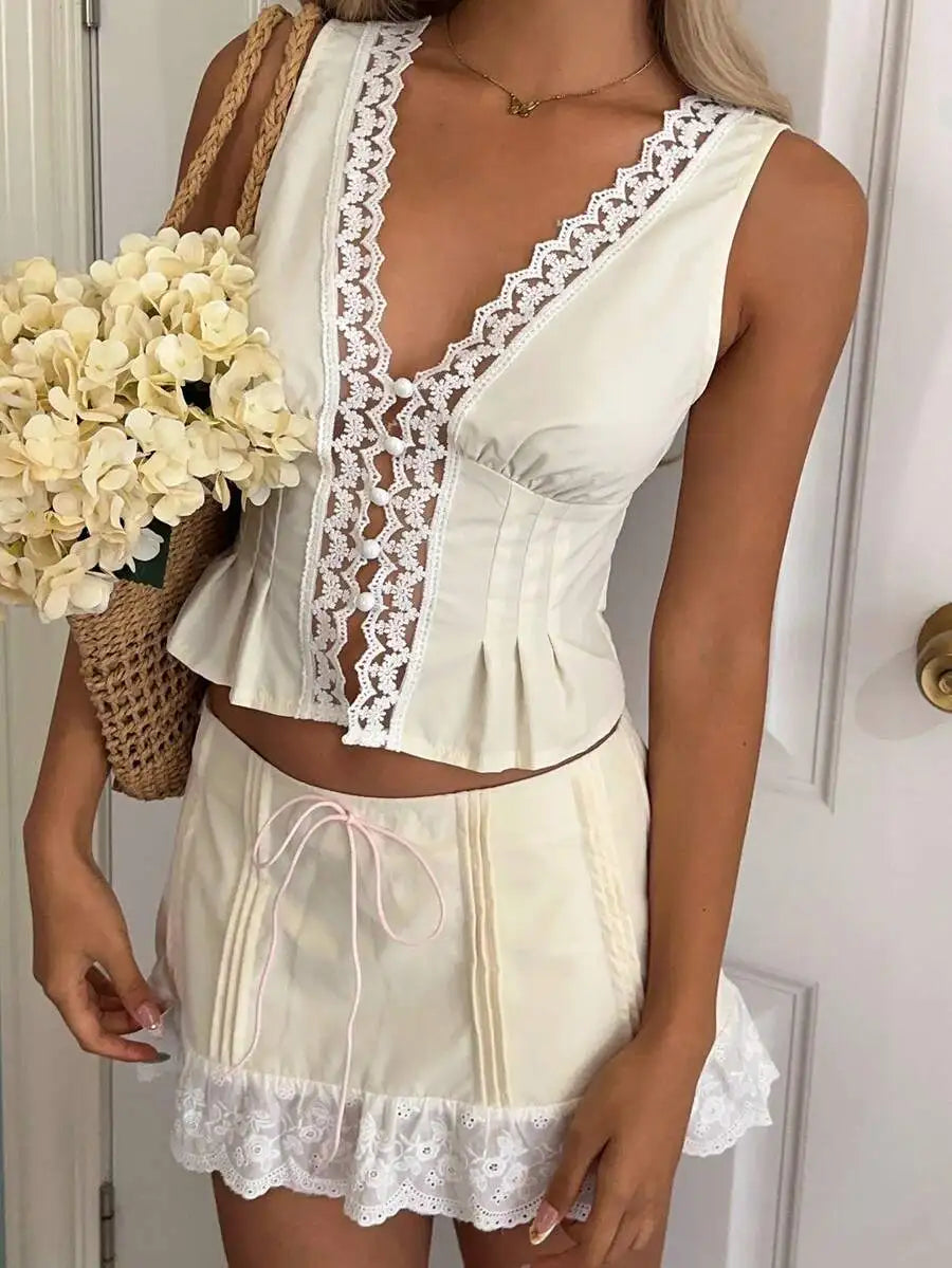 Women Lace V Neck Two Piece Set Sleeveless Top And Skirt