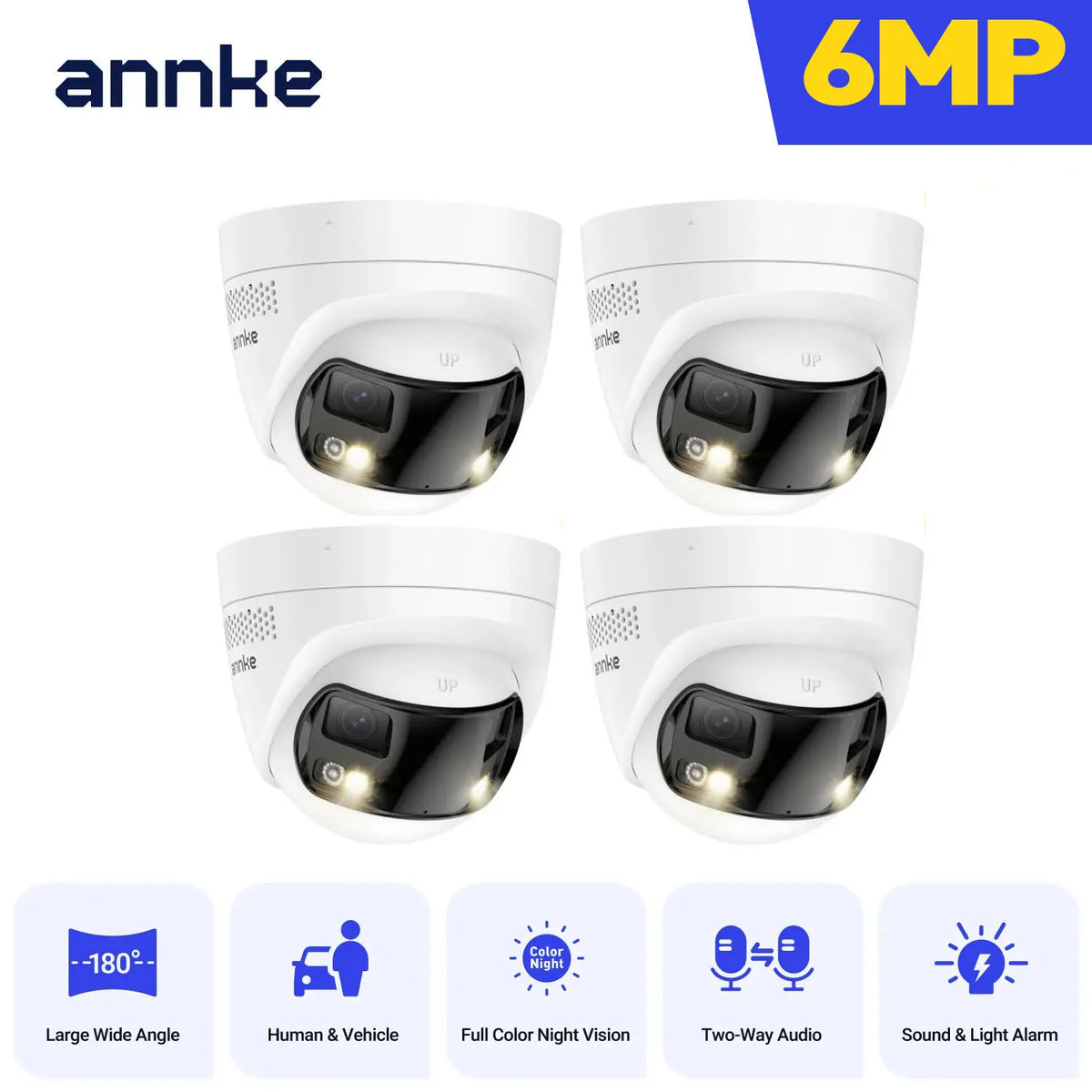 ANNKE 6MP Dual-Lens Security Camera 180° Panorama Turret Camera Color Night Vision Human/Vehicle IP67 ONVIF Security CCTV Camera