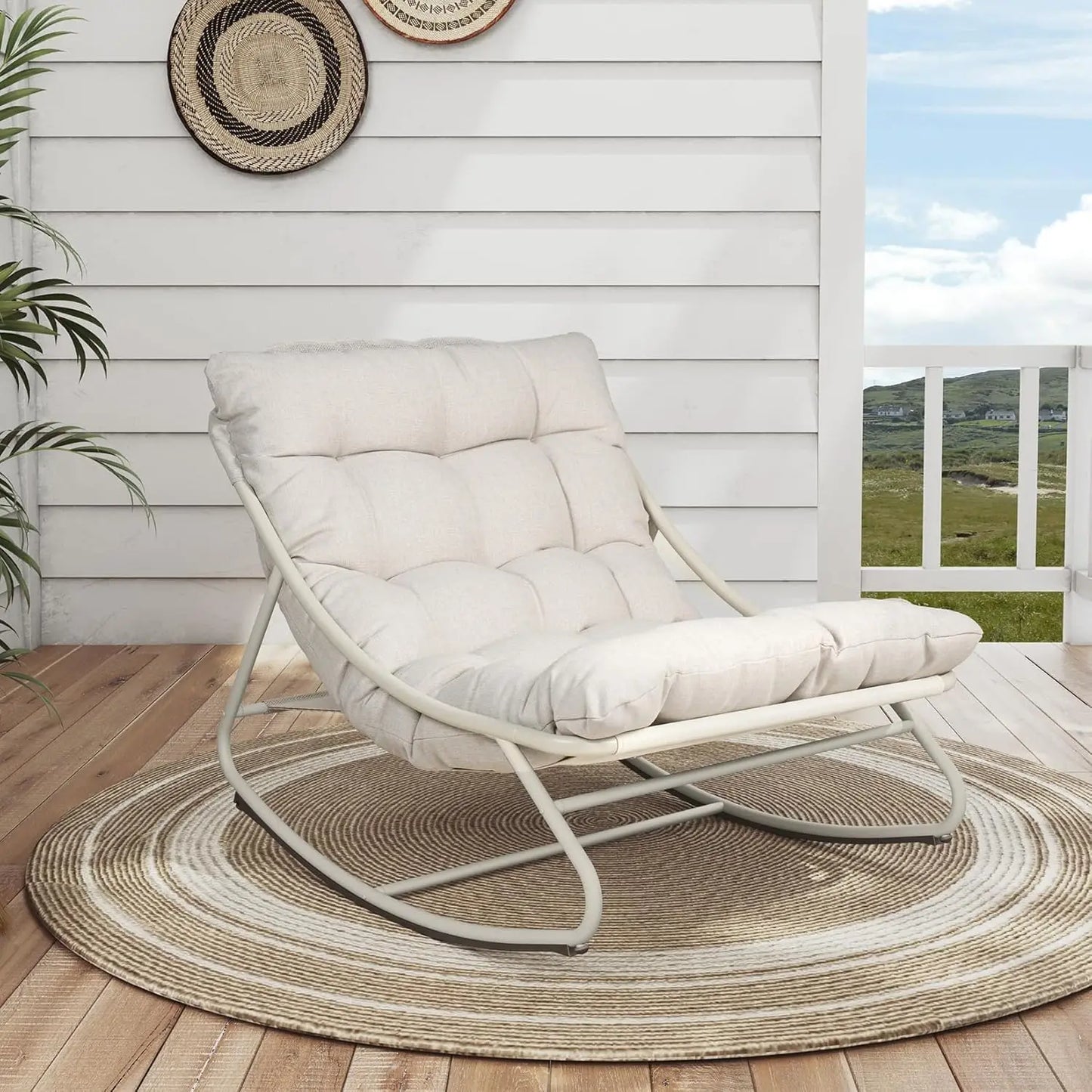 Metal Rocker Chair With Thick Cushion For Indoor Outdoor Patio