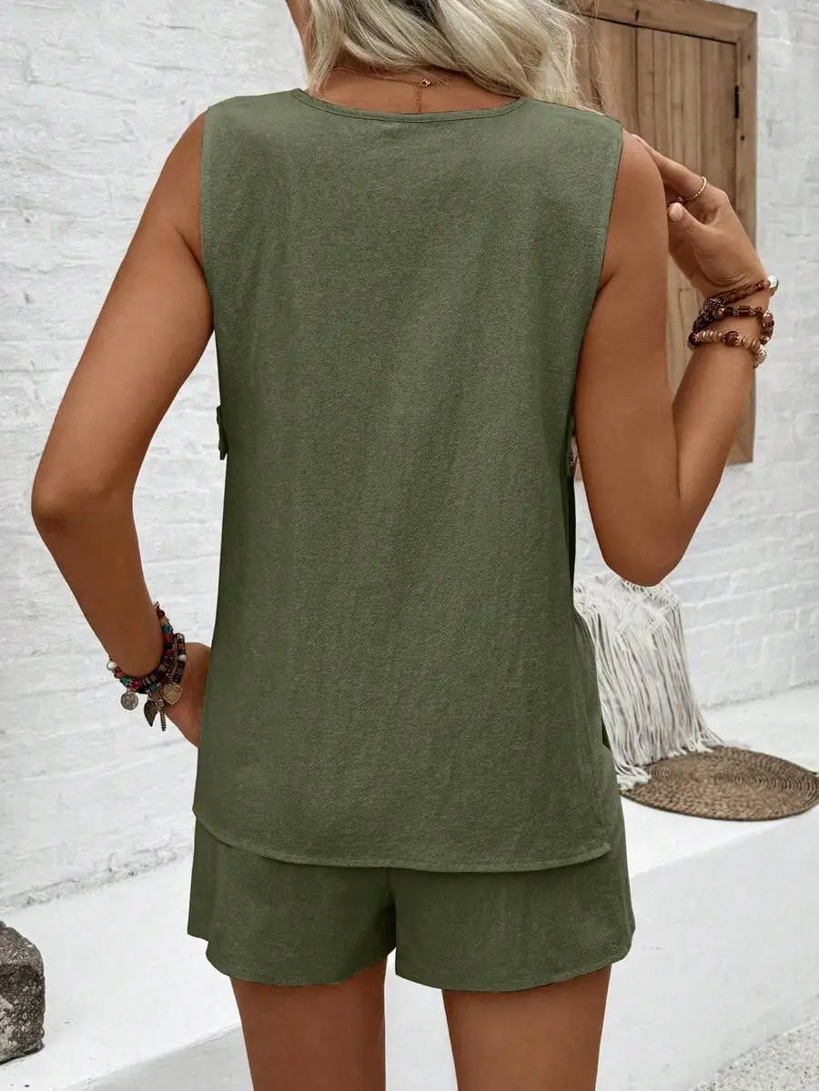 Women Sleeveless V-Neck Hollow Button Blouse and Casual Shorts Set
