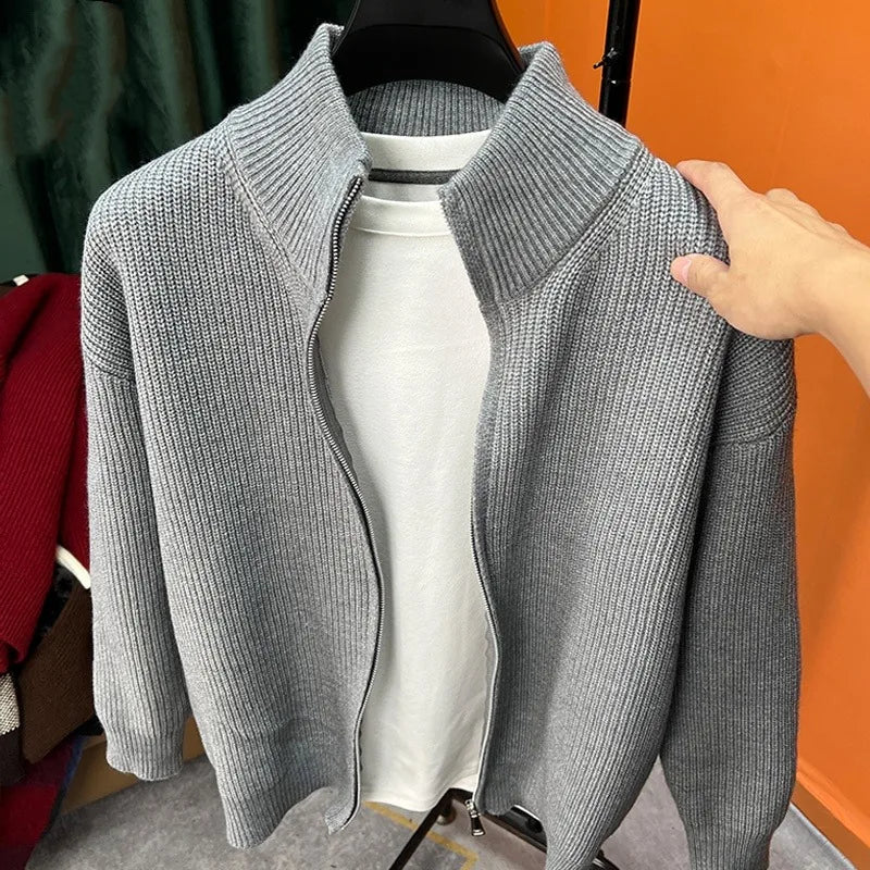 Mens Zippered Knit Cardigan Jacket With Stand Up Collar