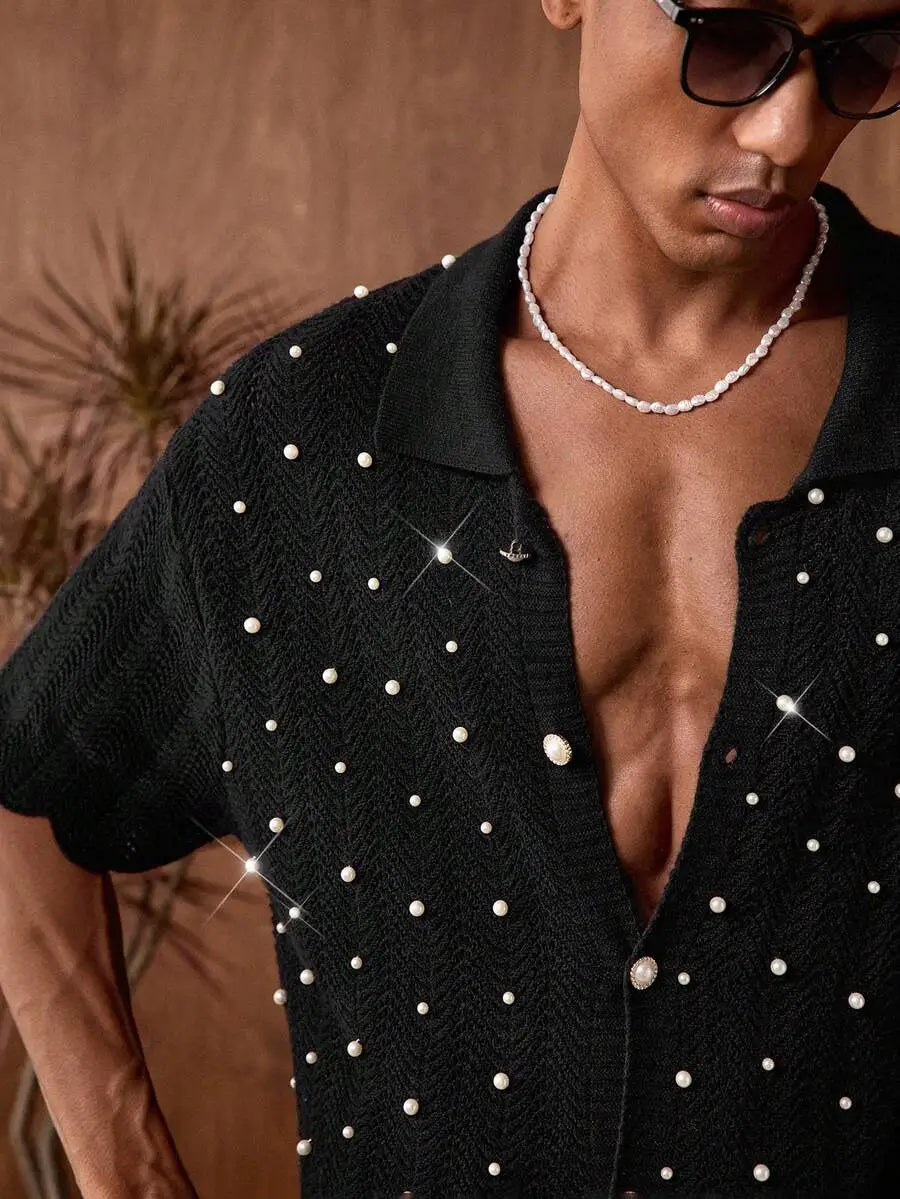 Mens Knit Pearl Decor Batik Shirt Casual Short Sleeve