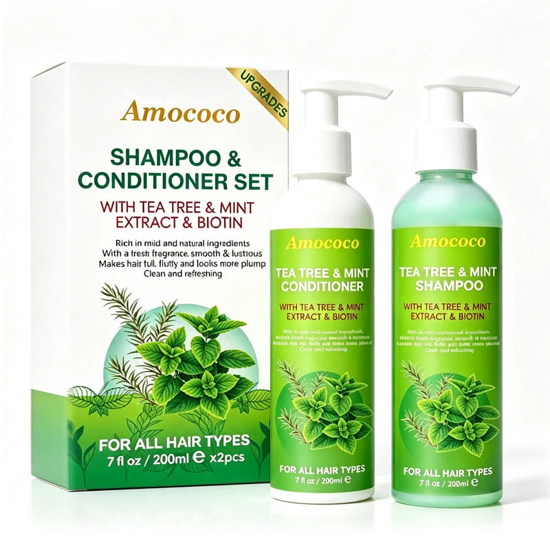 Amococo Tea Tree Shampoo And Conditioner Set With Mint Biotin Refreshing Scalp Care Duo Volumizing Smooth Hair Formula