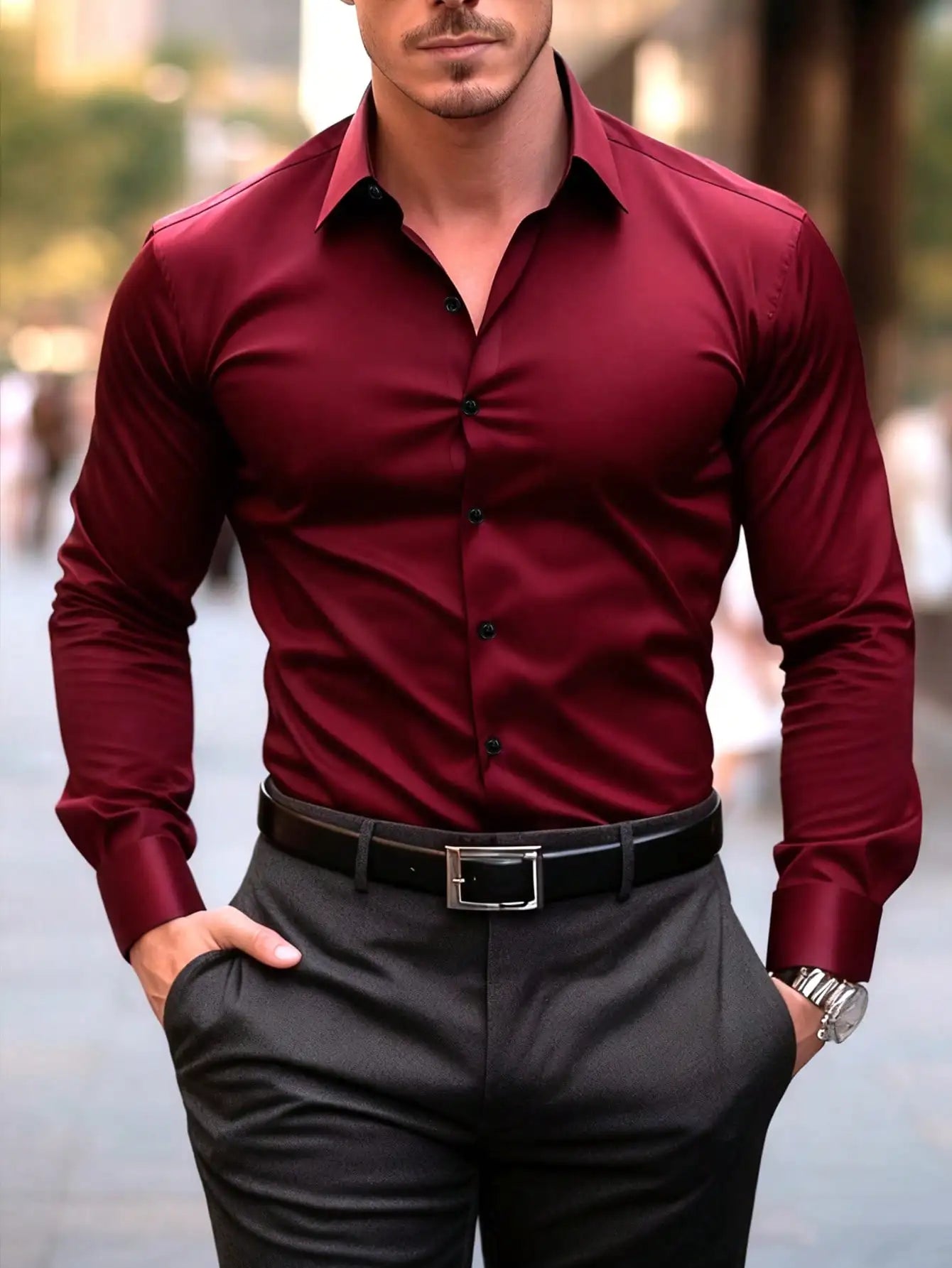 Men's Long Sleeve Formal Dress Shirt Polyester Office Wear