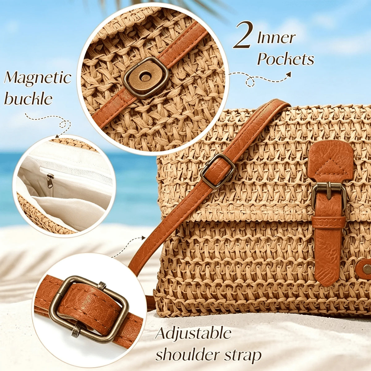 Womens Woven Straw Crossbody Bag With Flap Buckle PU Strap
