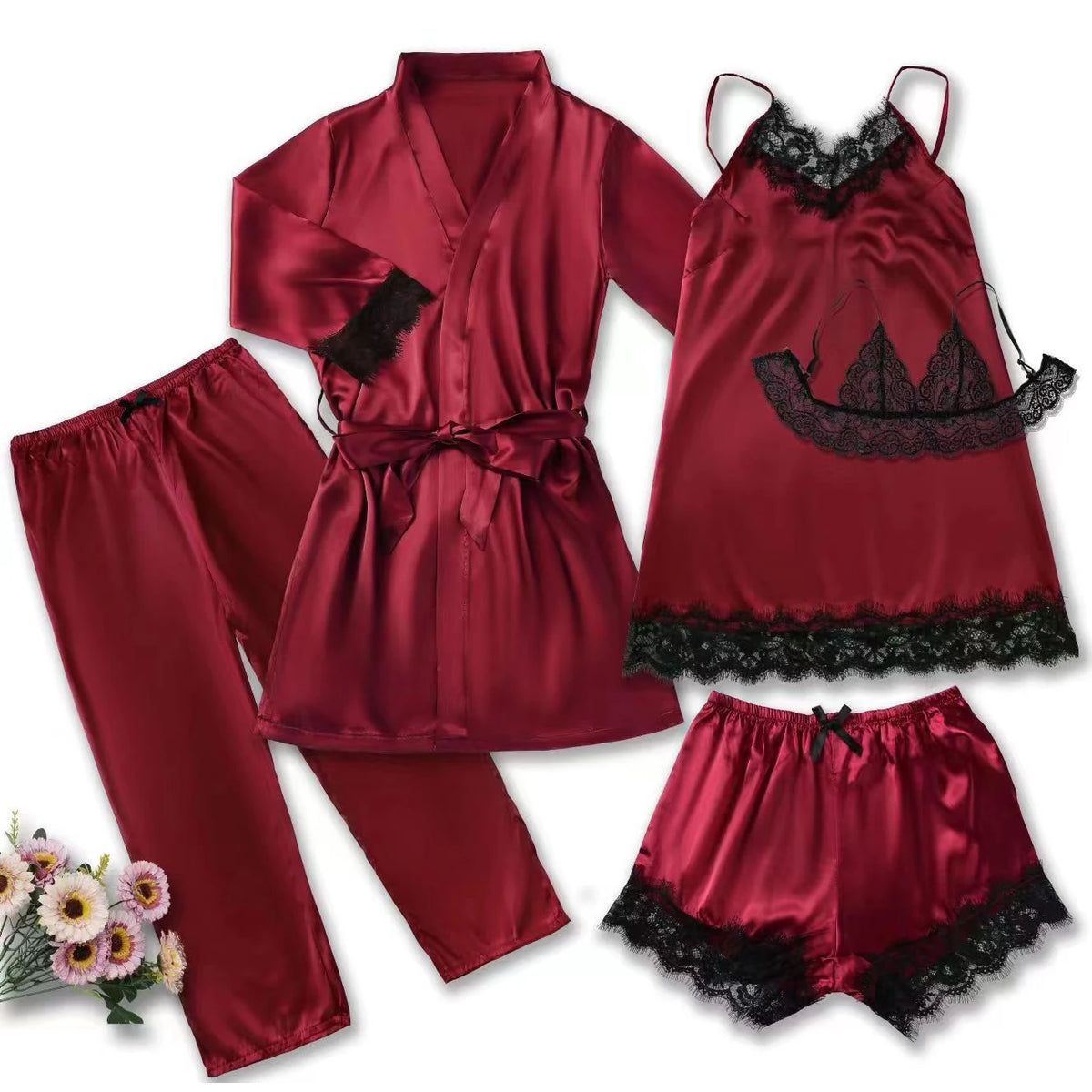 Women Satin Sleepwear Pajama Set With Lace Bath Robe