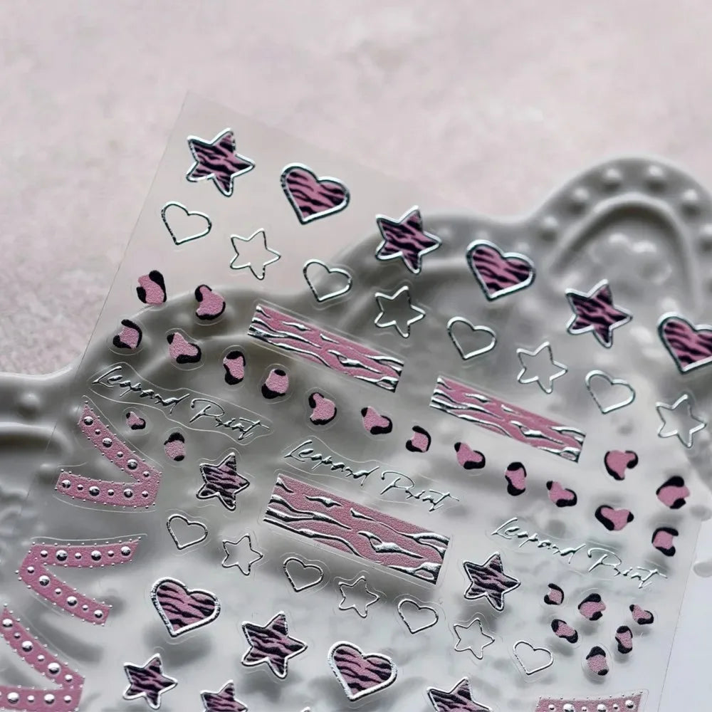 Pink Girl Lace Bow Nail Sticker 3D Relief Sweet Cool Checkered Nail Art Stickers Laser Silver Star Love Heart Manicure Decals