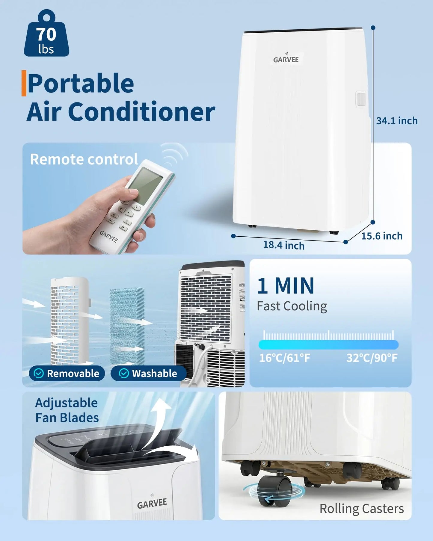 14000 BTU Portable Air Conditioner 4 In 1 With Remote LCD Display