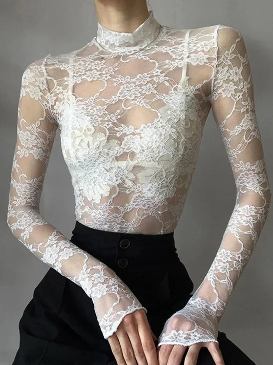 TDFunlive Sexy Lace Blouse See Through Patchwork Long Sleeve