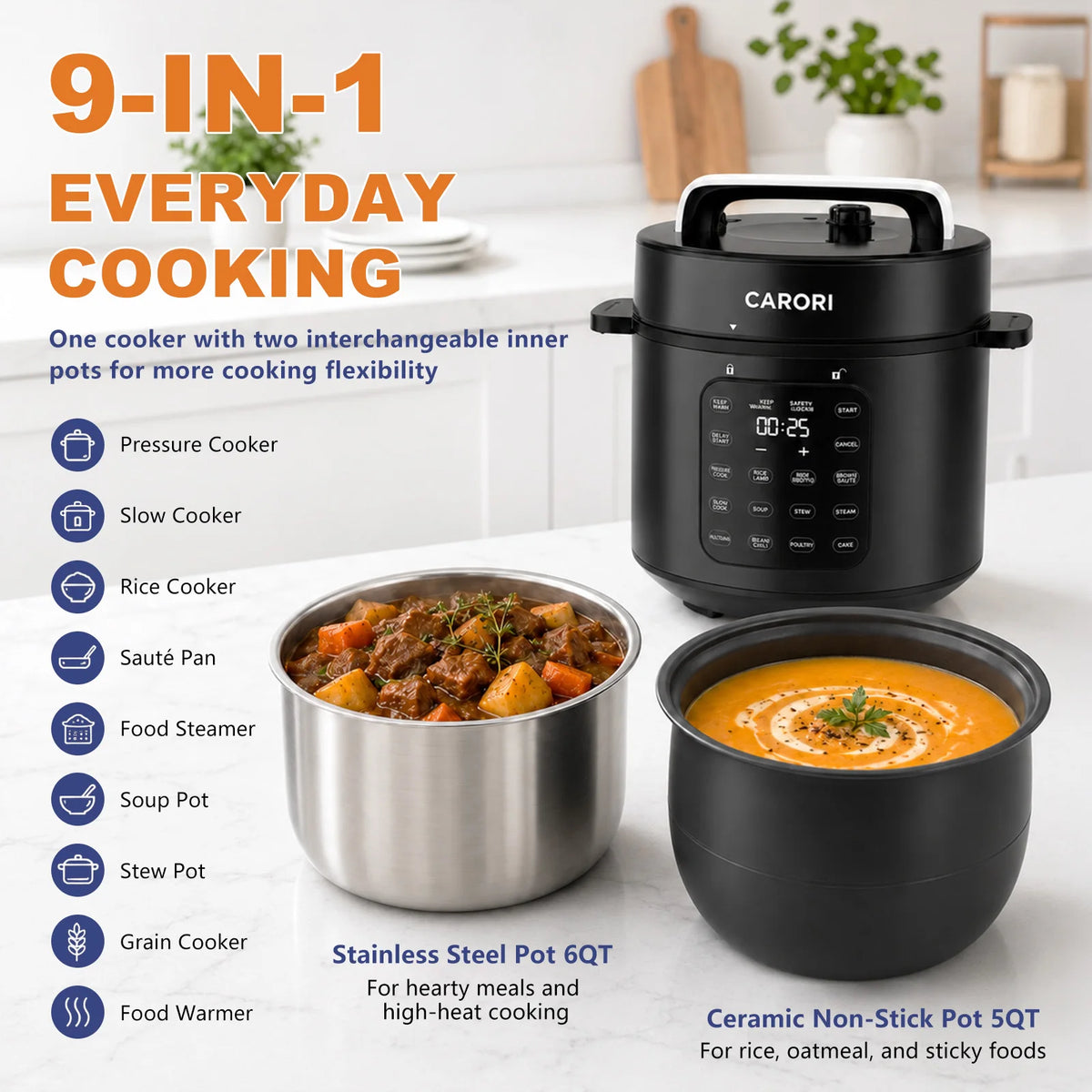 6 Qt Electric Pressure Cooker , Dual Inner Pots, Stainless Steel Pot and Non-Stick Pot, 12 Preset Cooking Programs with IMD Touchscreen, Slow Cook, Rice Cook, Steam, Black