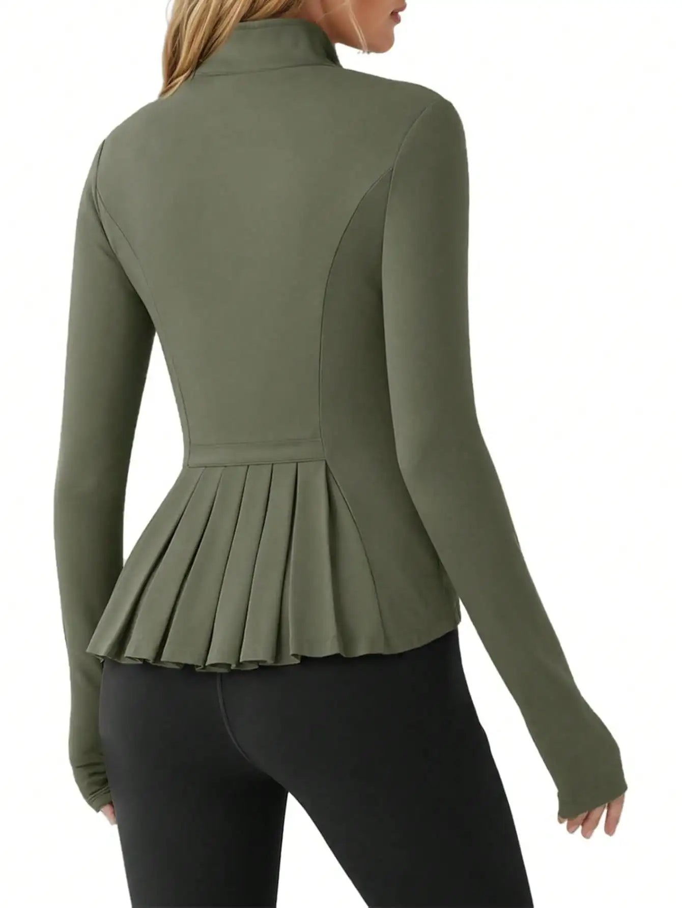 Pleated Athletic Jacket For Women Zip Up With Stand Collar
