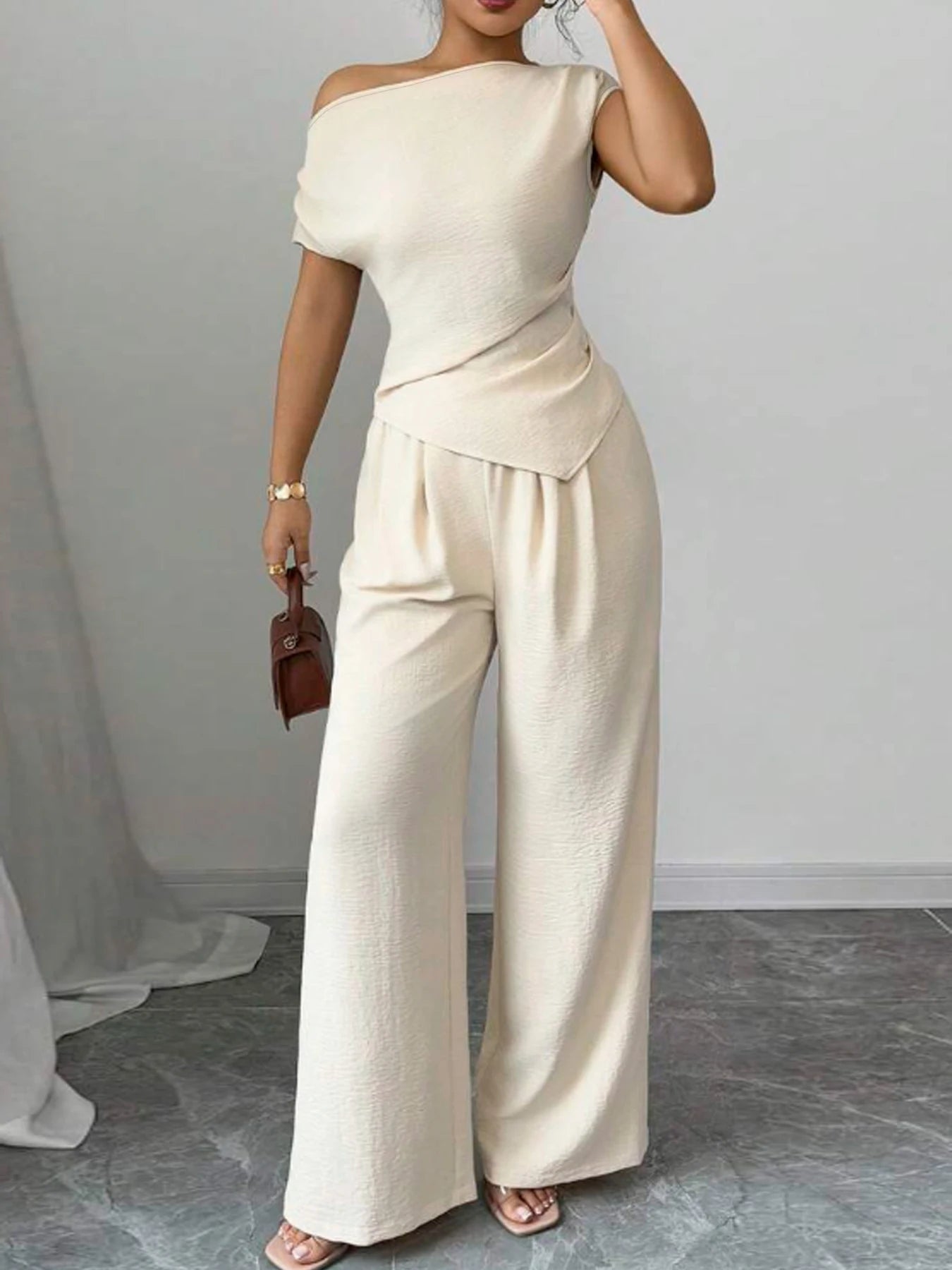 Elegant Pure Color Ladies Asymmetric Top And Wide Leg Pants