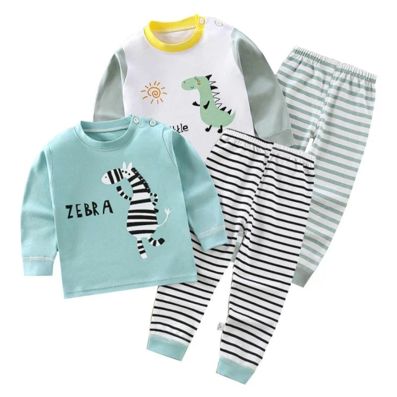 Cartoon Print Cotton Pajama Set For Kids Unisex Sleepwear