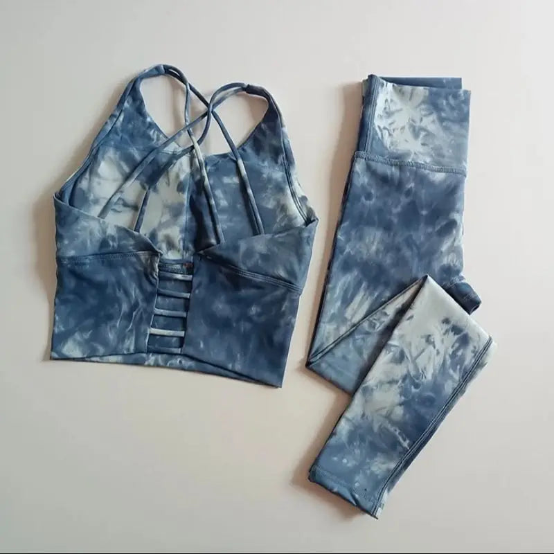 Women's High-Waist Seamless Yoga Set Leggings With Tie-Dye Bra