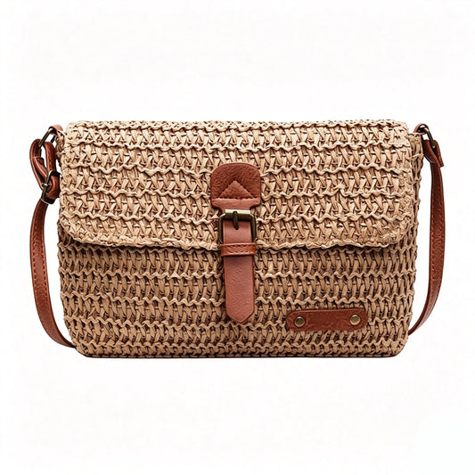 Womens Woven Straw Crossbody Bag With Flap Buckle PU Strap