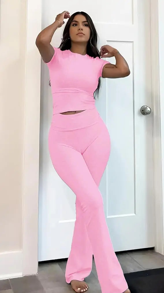 Women's two-piece sports leisure yoga set, short-sleeved cuffed flared trousers, short-sleeved top sports set