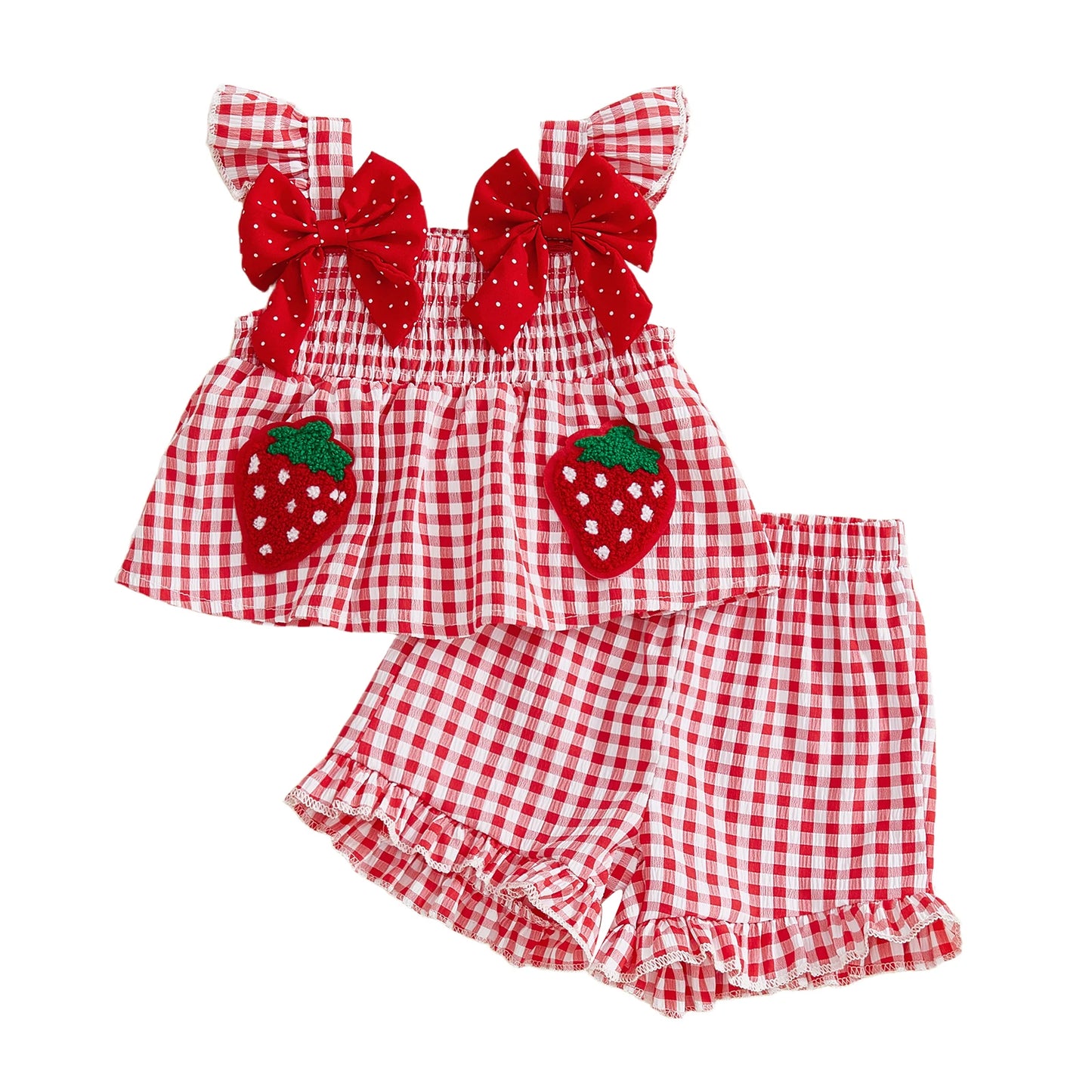 Summer Strawberry Embroidered Plaid Bow Trim Toddler Girl Outfit Set